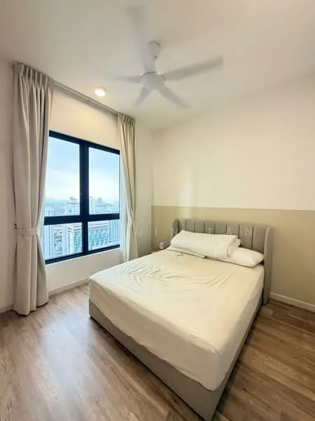 Bedroom features: queen-size bed, upholstered headboard, 2 bedside pillows, light-colored bedding, floor-to-ceiling window, curtains, wooden flooring, ceiling fan with light, neutral wall color; style: modern; view: city.