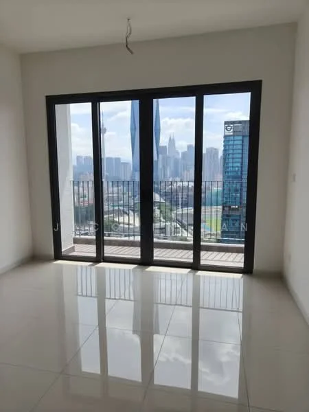 Living features: large floor-to-ceiling sliding glass doors, white painted walls, glossy ceramic tile flooring, city skyline view, balcony access, recessed ceiling lights, neutral color scheme, open layout; style: modern; view: city.