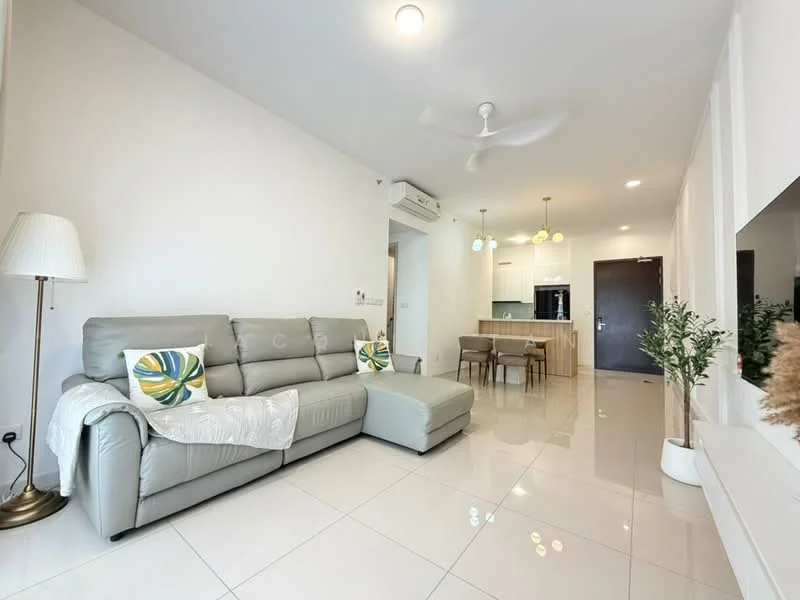 Living features: 3-seater leather sofa in light grey, ottoman, decorative throw pillows, white walls, glossy white tile flooring, ceiling fan with light, recessed downlights, wall-mounted TV, decorative plant in ceramic pot, floor lamp, open layout to kitchen, dining area visible in background; style: modern.