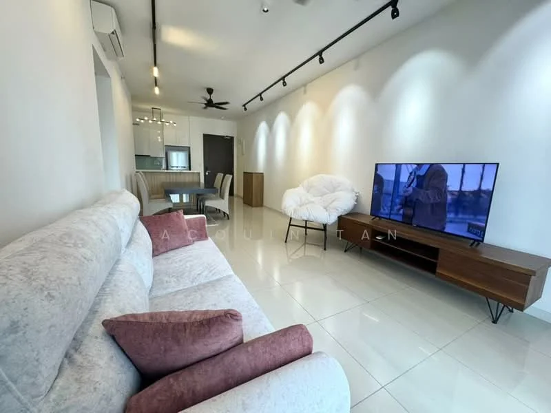 Living features: 3-seater fabric sofa in light grey, pink accent cushion, wall-mounted TV, wooden TV console, recessed LED downlights, ceiling fan, white painted walls, glossy tile flooring, open-plan layout to dining area, large windows for natural light; style: modern. Dining features: 4-seater dining table, wooden dining chairs, open layout to living area, white cabinetry in background; style: modern.