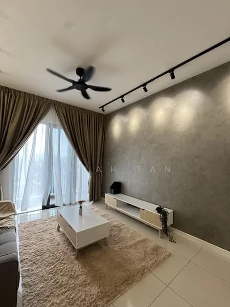 Living features: 5-blade ceiling fan in black, recessed LED downlights, grey accent wall, cream curtains, floor-to-ceiling windows, light-colored sofa, white coffee table, TV console with storage, area rug with neutral color, sliding glass door, decorative flower vase; style: modern; view: city.
