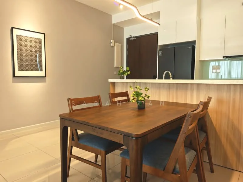Dining features: wooden dining table, 4 wooden dining chairs, framed artwork on wall, light grey painted walls, tile flooring, pendant light fixture, kitchen countertop visible in background, kitchen cabinetry visible in background; style: modern.