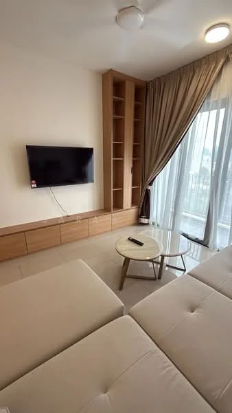 Living features: beige fabric sectional sofa, glass coffee table, wall-mounted TV, wooden TV console, built-in shelving unit, floor-to-ceiling windows, sheer curtains, tile flooring, ceiling fan; style: modern; view: city.