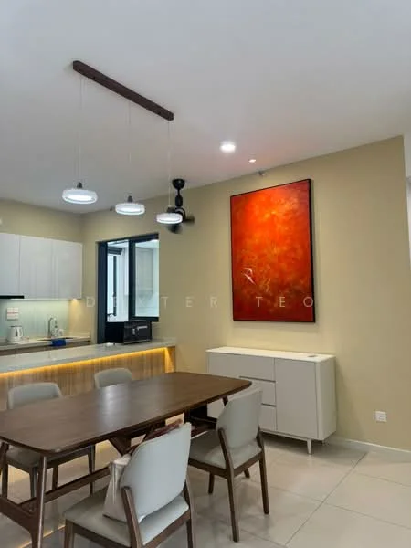 Dining features: wooden dining table, 4 upholstered dining chairs, pendant lighting with multiple bulbs, framed artwork with red and orange tones on wall, white cabinetry, built-in microwave, kitchenette with countertop, light-colored tiled flooring, neutral painted walls; style: modern. Kitchen features: white cabinetry, built-in microwave, countertop, kitchen sink, stainless-steel appliances; style: modern.