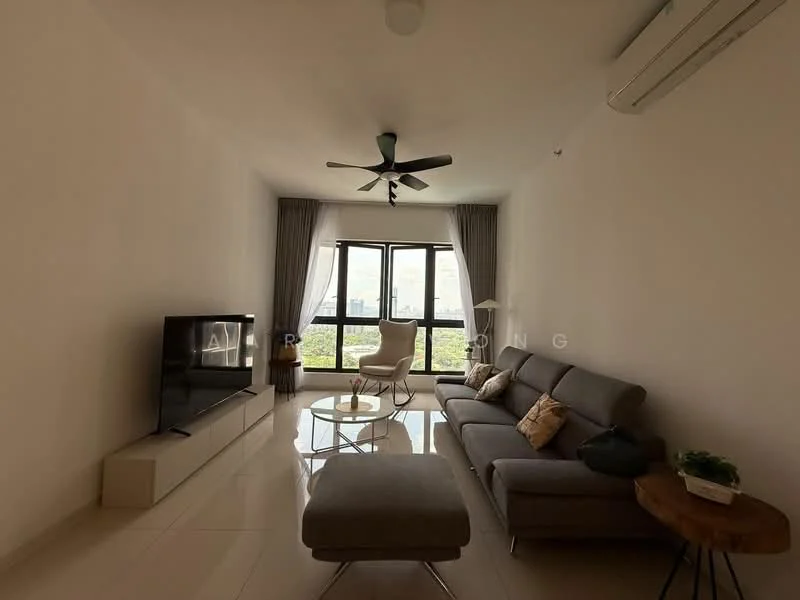 Living features: 3-seater fabric sofa in grey, coffee table, TV console, wall-mounted TV, area rug, 5-blade ceiling fan with light, floor-to-ceiling windows, curtains, light-colored walls, glossy tile flooring, decorative cushions, side table with plant; style: modern; view: city.