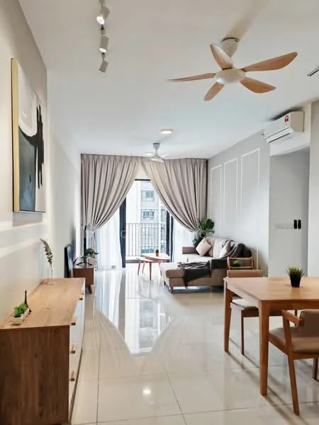 Living features: 3-seater fabric sofa in beige, wooden coffee table, TV console, wall-mounted TV, area rug, 5-blade ceiling fan, recessed downlights, floor-to-ceiling windows, sheer curtains, sliding glass door, decorative wall art, light-colored painted walls, glossy tile flooring; style: modern; view: city. Dining features: wooden dining table for 4, upholstered dining chairs, decorative plant, light-colored painted walls, glossy tile flooring; style: modern.