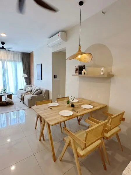 Dining features: wooden dining table, 4 wooden dining chairs, pendant light fixture, white walls, tile flooring, air conditioning unit, decorative shelf, decorative items on shelf, large windows with sheer curtains, sofa in adjacent living area; style: modern.