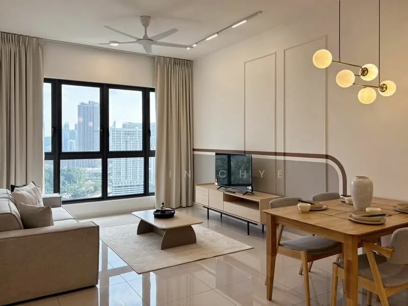 Living features: 3-seater fabric sofa in beige, coffee table, TV console, wall-mounted TV, dining table for 4 with wooden chairs, floor-to-ceiling windows, sheer curtains, recessed downlights, 5-blade ceiling fan with light, decorative vase on table, area rug, neutral painted walls, glossy tile flooring; style: modern; view: city.