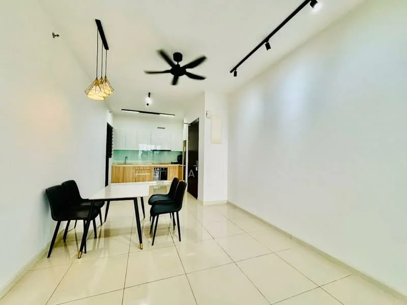 Dining features: white painted walls, glossy tile flooring, 5-blade ceiling fan with light, track lighting, dining table with white surface, 4 black upholstered dining chairs, open layout to kitchen, kitchen cabinetry visible in background; style: modern.