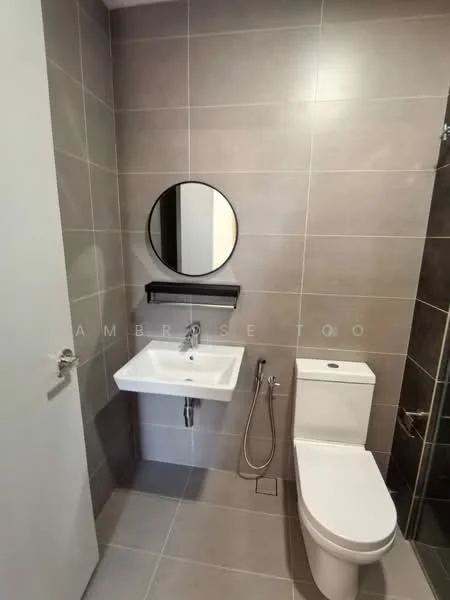 Bathroom features: grey tiled walls, grey tiled flooring, round mirror, single-sink vanity with white cabinet, chrome basin mixer faucet, one-piece toilet, bidet spray, glass shower enclosure; style: modern.