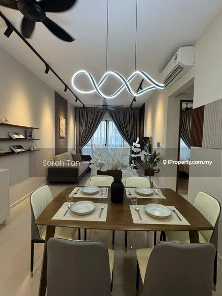 Dining features: 6-seater dining table, upholstered dining chairs, pendant light fixture, recessed downlights, floor-to-ceiling windows, sheer curtains, decorative plant centerpiece, wall-mounted shelves, grey accent wall, cream painted walls, air conditioning unit; style: modern. Living features: sofa, coffee table, TV console, wall-mounted TV; style: modern.