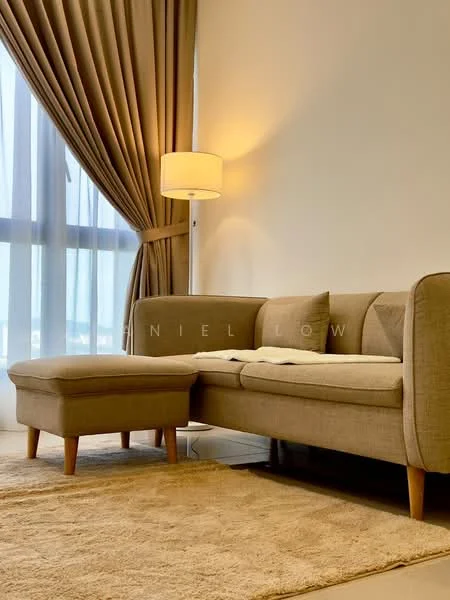 Living features: L-shape sectional sofa in beige, floor lamp with white shade, light brown area rug, floor-to-ceiling windows, sheer curtains, cream painted walls, wooden legs on sofa, soft cushions on sofa; style: modern.