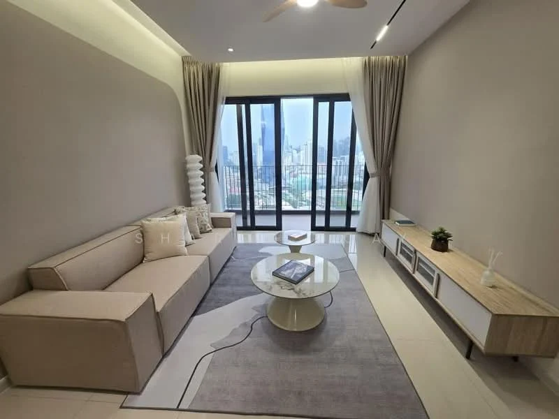Living features: beige L-shape sectional sofa, round coffee table with marble top, TV console with wooden finish, area rug with abstract pattern, floor-to-ceiling windows, curtains, ceiling fan, wall-mounted decor, decorative plant; style: modern; view: city.