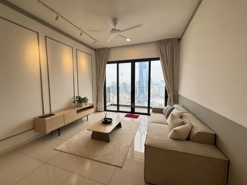 Living features: 3-seater fabric sofa in beige, coffee table, TV console, floor-to-ceiling windows, curtains, ceiling fan, recessed downlights, light-colored walls, tile flooring, area rug, decorative plant; style: modern; view: city.
