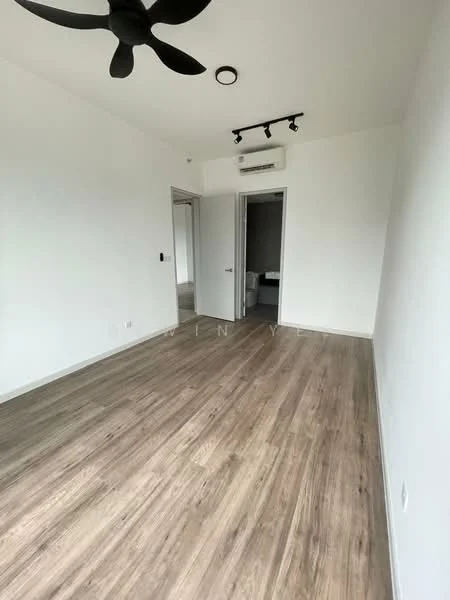 Room features: light wood laminate flooring, white painted walls, ceiling fan, recessed LED downlights, wall-mounted air conditioning unit, doorway leading to another room, doorway leading to hallway; style: modern.