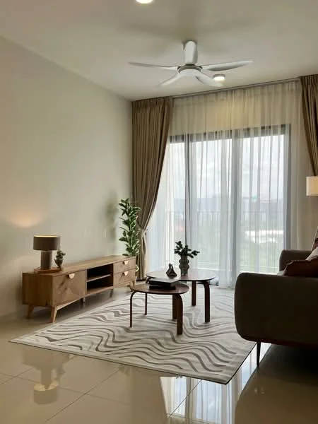 Living features: 5-blade ceiling fan with light, floor-to-ceiling windows, sheer curtains, light-coloured walls, polished tile flooring, grey fabric sofa, wooden coffee table, wooden TV console, decorative plant, area rug with wavy pattern, table lamp; style: modern; view: garden.