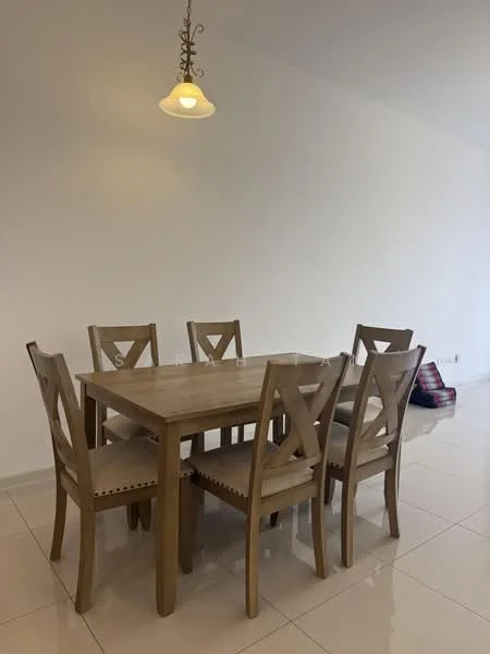 Dining features: wooden dining table, 6 dining chairs, pendant light fixture, white painted walls, glossy tile flooring; style: modern.