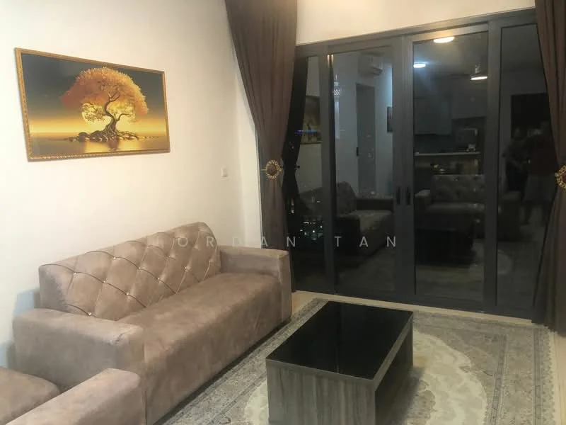 Living features: beige fabric 3-seater sofa, beige fabric 2-seater sofa, glass coffee table, framed artwork with tree motif, dark brown curtains, floor-to-ceiling sliding glass doors, area rug with intricate pattern, recessed ceiling lights, wall-mounted air conditioning unit; style: modern.