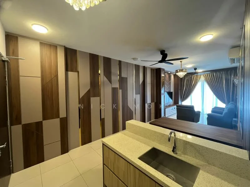 Kitchen features: granite countertop, single-bowl stainless-steel sink, chrome pull-down faucet, wood cabinetry, recessed downlights, ceiling fan, tile flooring, open layout to living area; style: modern. Living features: sofa, curtains, wall-mounted TV, coffee table, recessed downlights; style: modern.
