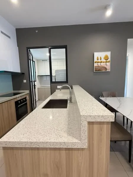 Kitchen features: granite countertop, single-bowl stainless-steel sink, chrome pull-down faucet, built-in oven, stainless-steel range, wood cabinetry, grey accent wall, tile flooring, recessed downlights, open shelving, framed artwork, dining table with chairs; style: modern.