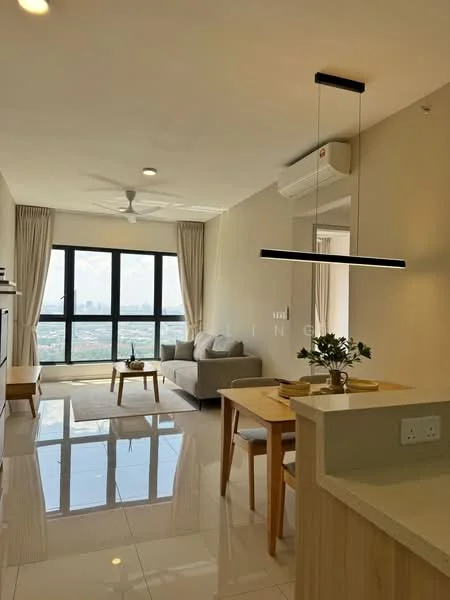 Living features: 3-seater fabric sofa in grey, coffee table, TV console, wall-mounted TV, area rug, 5-blade ceiling fan with light, floor-to-ceiling windows, curtains, marble tile flooring, recessed downlights, dining table with 4 chairs, decorative plant; style: modern; view: city.