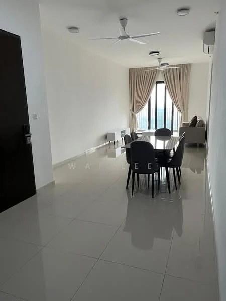 Living features: white painted walls, glossy ceramic tile flooring, 5-blade ceiling fan with light, large floor-to-ceiling windows, sheer curtains, sofa, dining table with chairs, air conditioning unit; style: modern; view: city.