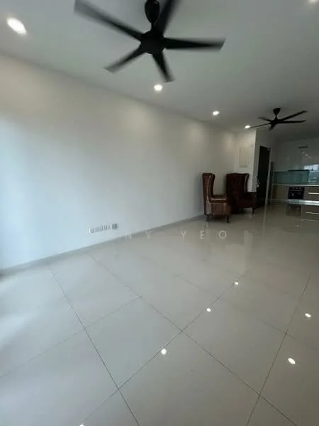 Living features: white painted walls, glossy ceramic tile flooring, 2 ceiling fans, 2 high-backed armchairs, open layout, natural light from windows, minimalist decor; style: modern.