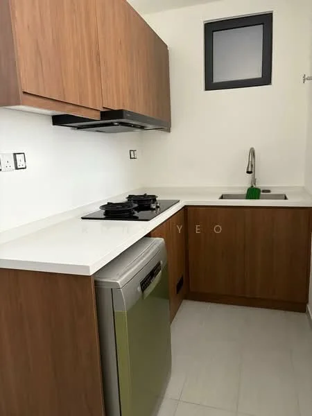 Kitchen features: brown wooden cabinetry, white quartz countertop, single-bowl stainless-steel sink, chrome pull-down faucet, built-in gas stove with 2 burners, stainless-steel fridge, grey tiled flooring, small window above sink; style: modern.