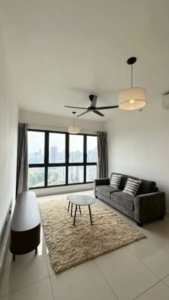 Living features: grey fabric sofa, 3-seater sofa, round coffee table, area rug with neutral color, floor-to-ceiling windows, city skyline view, 2 pendant lights, ceiling fan with light, curtains, light-colored walls, polished tile flooring; style: modern; view: city.