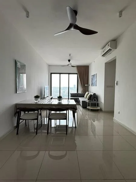 Living features: white painted walls, glossy ceramic tile flooring, 5-blade ceiling fan, floor-to-ceiling windows, sliding glass door, curtains, sofa in grey, coffee table, dining table with chairs, decorative plants, air conditioning unit; style: modern; view: city.