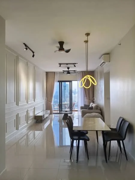 Living features: white painted walls, glossy tile flooring, 5-blade ceiling fan with light, pendant lamp with yellow light, floor-to-ceiling windows, sliding glass door, sheer curtains, sofa in light color, dining table with 4 black chairs, decorative wall paneling, recessed downlights; style: modern; view: city.