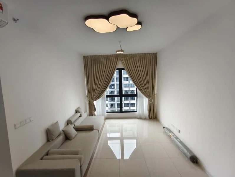 Living features: white painted walls, glossy tile flooring, tray ceiling with decorative light fixture, floor-to-ceiling windows, sheer curtains, light-coloured fabric sofa, decorative wall with no visible artwork, neutral colour palette; style: modern; view: city.