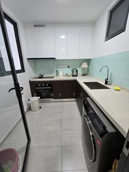 Kitchen features: white high-gloss upper cabinets, light grey lower cabinets, light green backsplash, quartz countertop, single-bowl stainless-steel sink, chrome pull-down faucet, built-in electric stove, built-in oven, stainless-steel kettle, washing machine, tile flooring, window with black frame, recessed lighting; style: modern.