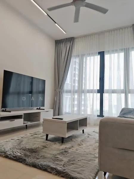 Living features: floor-to-ceiling windows, sheer curtains, 3-blade ceiling fan, wall-mounted TV, TV console, coffee table, area rug with geometric pattern, light-colored sofa, neutral wall color, laminate flooring; style: modern; view: city.