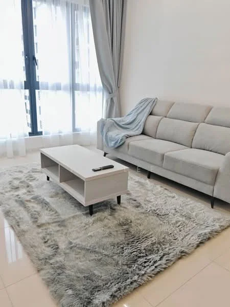 Living features: light grey fabric sofa, coffee table with storage, area rug with shaggy texture, floor-to-ceiling windows, sheer curtains, light-coloured walls, glossy tile flooring, throw blanket on sofa; style: modern.