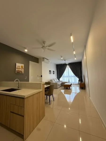 Living features: white painted walls, grey accent wall, polished ceramic tile flooring, 5-blade ceiling fan with light, recessed LED downlights, floor-to-ceiling windows, sheer curtains, sofa in light grey, wooden side table, framed artwork, dining table with chairs, air conditioning unit; style: modern; view: city. Kitchen features: laminate cabinetry, granite countertop, single-bowl stainless-steel sink, built-in oven, stainless-steel range hood; style: modern.