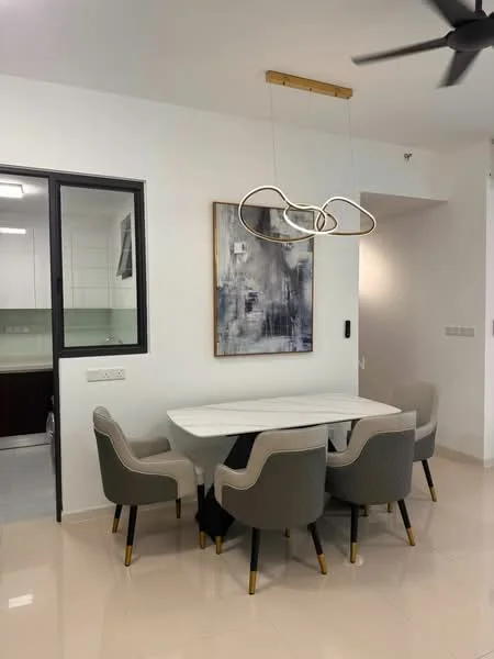 Dining features: 6-seater dining table with white marble top, upholstered dining chairs in grey, gold accents on chair legs, pendant light fixture with modern design, white painted walls, glossy tile flooring, floor-to-ceiling window, black window frame, abstract wall art; style: modern.