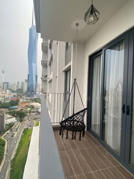 Balcony features: hanging macrame chair, glass sliding door, floor-to-ceiling windows, grey tiled flooring, metal railing, hanging pendant light, city skyline view, urban landscape; style: modern; view: city.