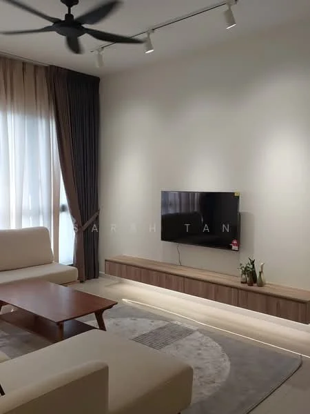 Living features: light grey wall, white ceiling, 5-blade ceiling fan with light, floor-to-ceiling windows, sheer curtains, dark brown wooden TV console, wall-mounted TV, light grey area rug, light beige sofa, wooden coffee table, decorative plant; style: modern.