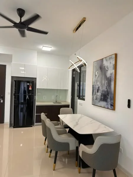 Dining features: marble dining table, upholstered dining chairs in grey, 3-blade ceiling fan, pendant light fixture, white painted walls, glossy tile flooring, black refrigerator, glass-front cabinetry, dark wood cabinetry, abstract artwork on wall, recessed ceiling lights; style: modern.