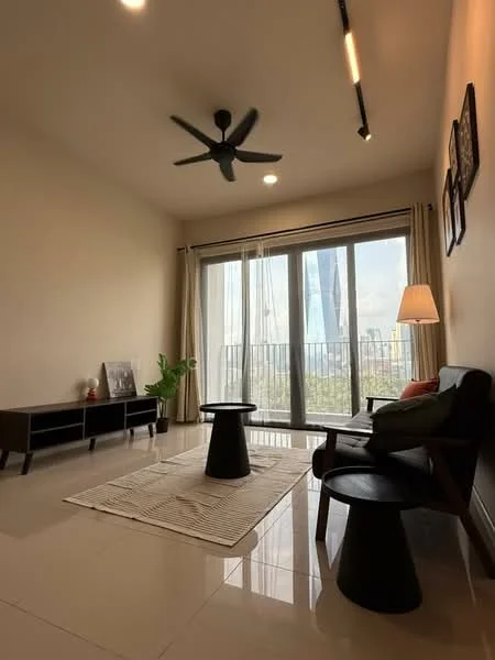 Living features: floor-to-ceiling windows, sliding glass door, 3-blade ceiling fan, recessed LED downlights, laminate flooring, cream painted walls, black coffee table, black side table, green potted plant, sofa with armrests, area rug with striped pattern, curtains, wall-mounted artwork; style: modern; view: city.
