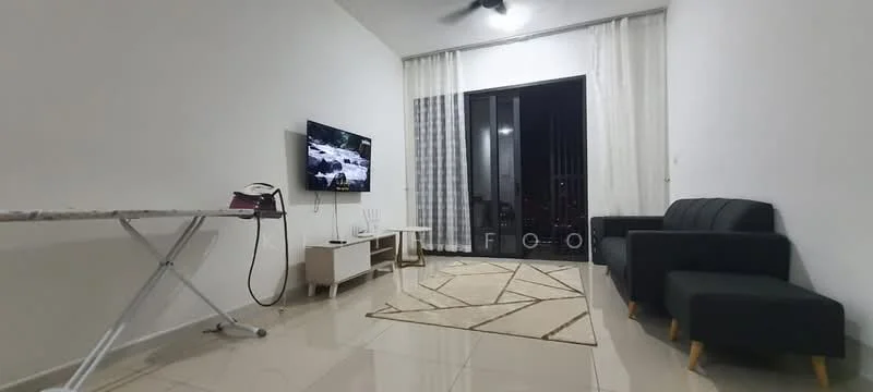 Living features: black leather sofa, white side table, TV mounted on wall, floor-to-ceiling windows, sheer curtains, area rug with geometric pattern, marble tile flooring, ceiling fan, folding table, decorative wall art; style: modern; view: city.