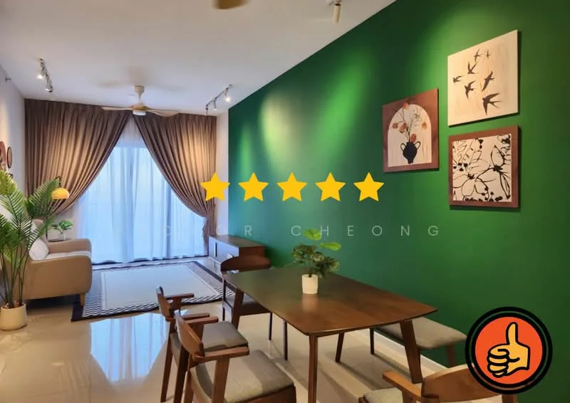 Dining features: green accent wall, white walls, dining table with 4 wooden chairs, sofa in beige fabric, floor-to-ceiling windows, sheer curtains, area rug with geometric pattern, decorative wall art, ceiling fan, recessed lighting; style: modern.