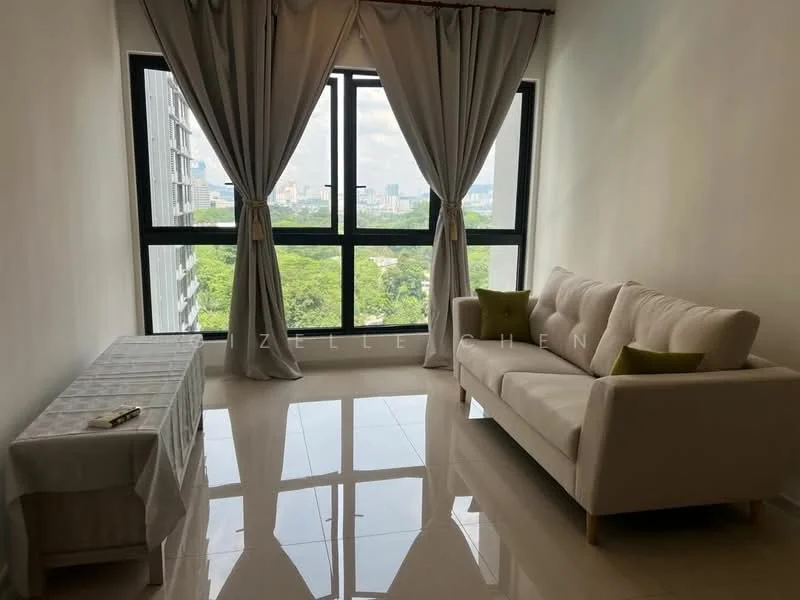 Living features: white fabric sofa, glass coffee table, floor-to-ceiling windows, sheer curtains, grey accent wall, white painted walls, glossy tile flooring, green decorative cushions; style: modern; view: city.