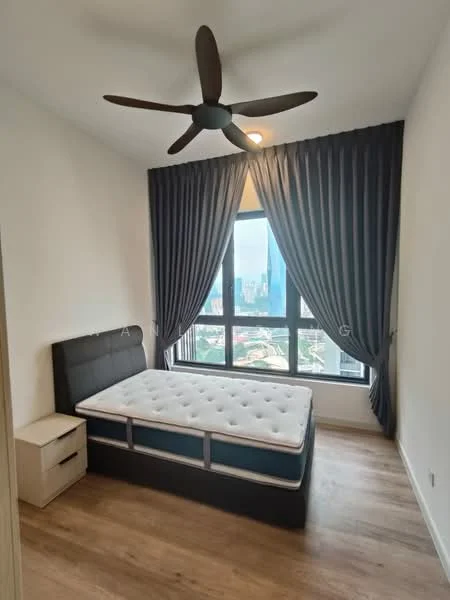 Bedroom features: king-size bed, upholstered headboard, nightstand with drawer, floor-to-ceiling window, city view, dark grey curtains, wooden flooring, 5-blade ceiling fan with light; style: modern; view: city.
