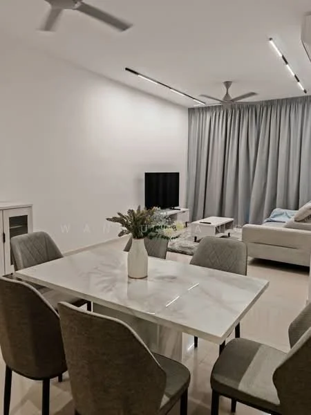 Dining features: marble dining table, 6 upholstered dining chairs in grey, white painted walls, recessed LED downlights, 5-blade ceiling fan with light, floor-to-ceiling curtains in grey, TV console, wall-mounted TV, sofa in light color, coffee table, area rug; style: modern.
