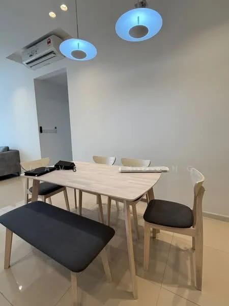 Dining features: rectangular dining table with light wood finish, 4 dining chairs with light wood frame and black upholstery, bench seating with black upholstery, white painted walls, glossy tile flooring, 1 wall-mounted split AC, 2 pendant lights with blue shades, decorative wall art, open space leading to another room; style: modern.