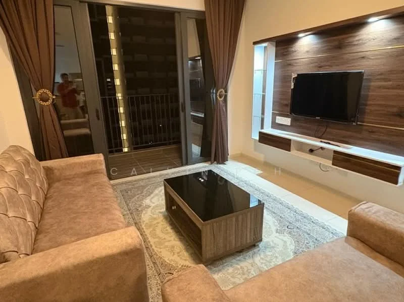 Living features: 3-seater fabric sofa in beige, 2-seater fabric sofa in beige, coffee table with black glass top, wooden TV console, wall-mounted TV, decorative wall panel with lighting, floor-to-ceiling windows, curtains in brown, area rug with intricate pattern, light-colored wall, dark accent wall, balcony access; style: modern; view: city.