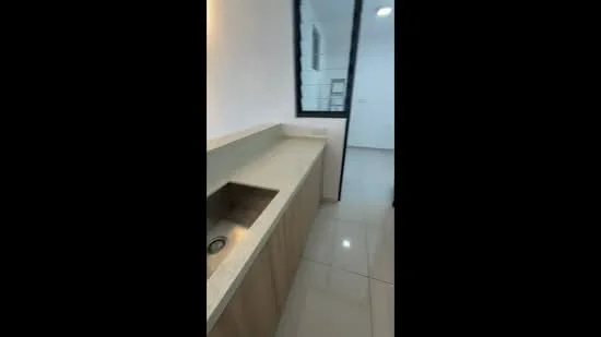 Kitchen features: single-bowl stainless-steel sink, chrome pull-down faucet, light-colored stone countertop, wood cabinetry, white tiled backsplash, glossy ceramic tile flooring, recessed downlights, large window for natural light; style: modern.