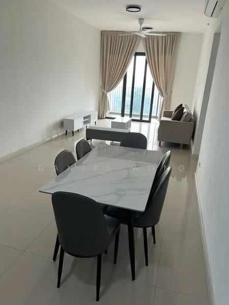 Dining features: marble dining table, 4 grey upholstered dining chairs, white walls, large floor-to-ceiling windows, curtains, polished tile flooring, ceiling fan, sofa in background, coffee table, view of city skyline; style: modern; view: city.